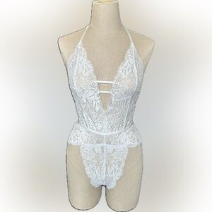 Sheer White Lace Plunge Chemise Bodysuit - Women's Intimates